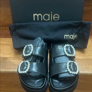 Maje Black Sandals with Rhinestone Buckles